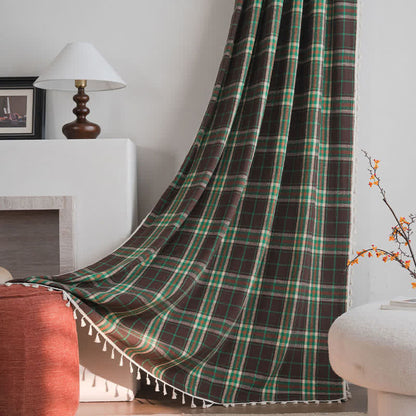 Vintage Style Green Plaid Tassel Curtain