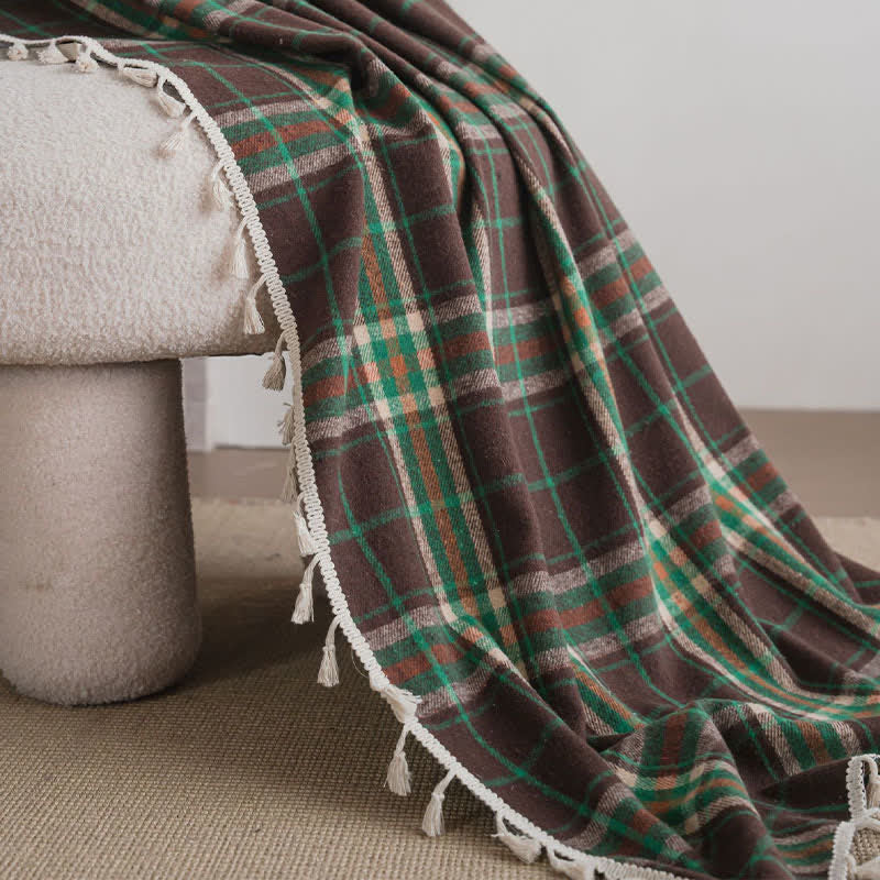Vintage Style Green Plaid Tassel Curtain