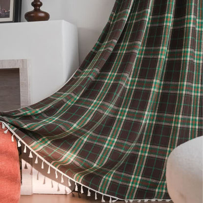 Vintage Style Green Plaid Tassel Curtain