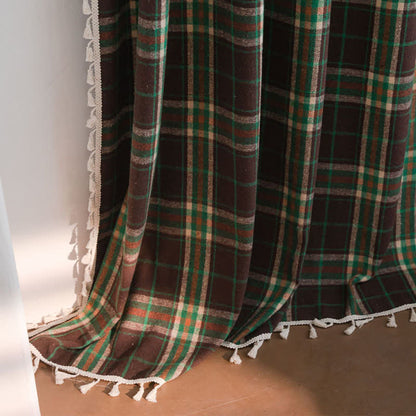 Vintage Style Green Plaid Tassel Curtain