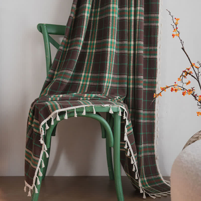 Vintage Style Green Plaid Tassel Curtain