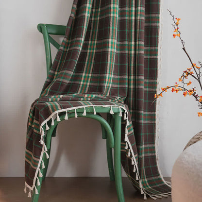 Vintage Style Green Plaid Tassel Curtain