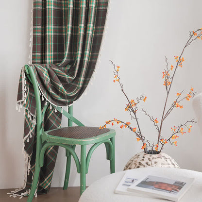 Vintage Style Green Plaid Tassel Curtain