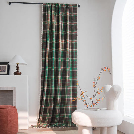 Vintage Style Green Plaid Tassel Curtain