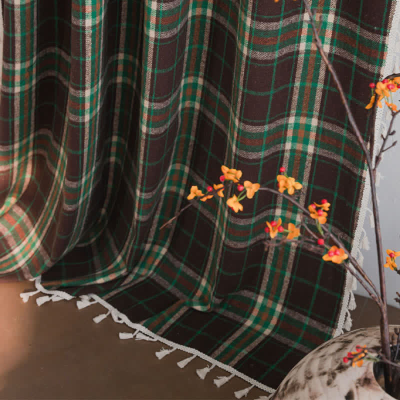 Vintage Style Green Plaid Tassel Curtain