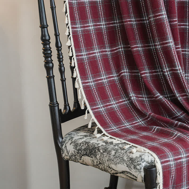 Vintage Style Burgundy Plaid Tassel Curtain