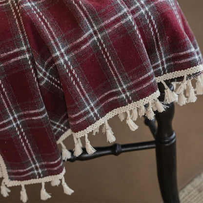 Vintage Style Burgundy Plaid Tassel Curtain
