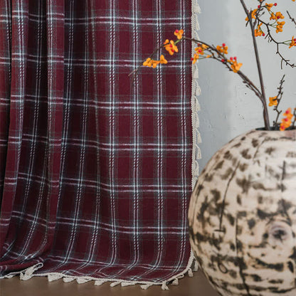 Vintage Style Burgundy Plaid Tassel Curtain
