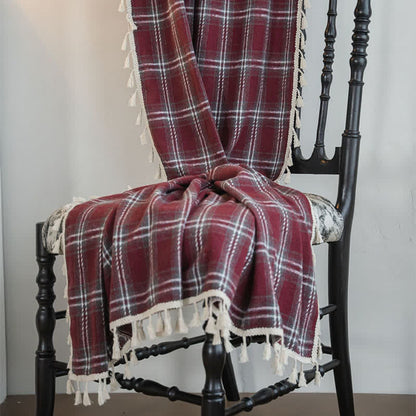 Vintage Style Burgundy Plaid Tassel Curtain