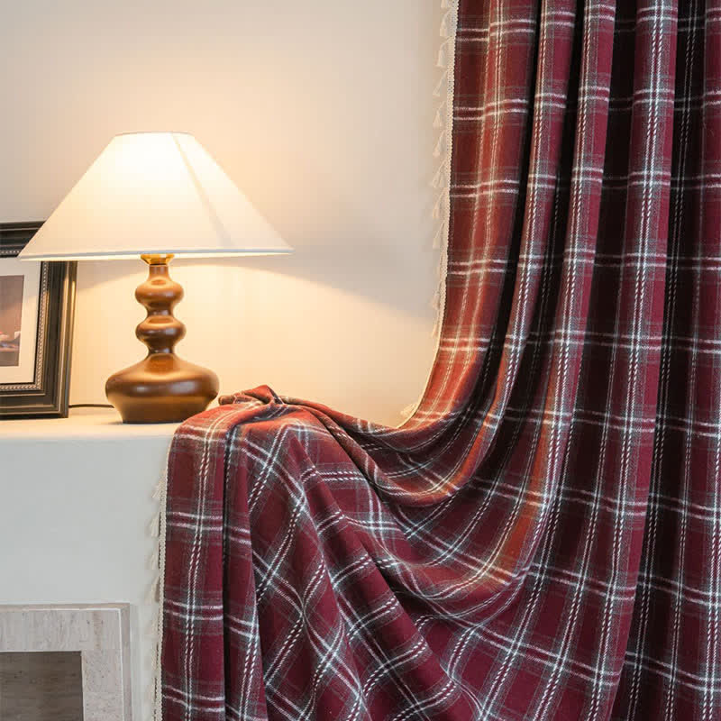 Vintage Style Burgundy Plaid Tassel Curtain