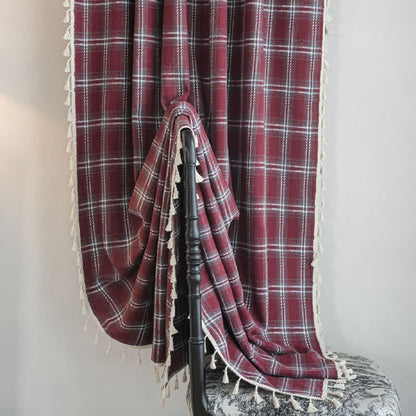 Vintage Style Burgundy Plaid Tassel Curtain
