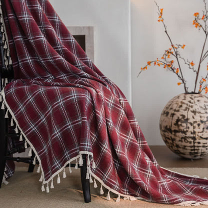 Vintage Style Burgundy Plaid Tassel Curtain
