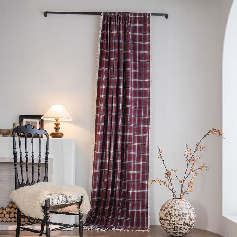 Vintage Style Burgundy Plaid Tassel Curtain