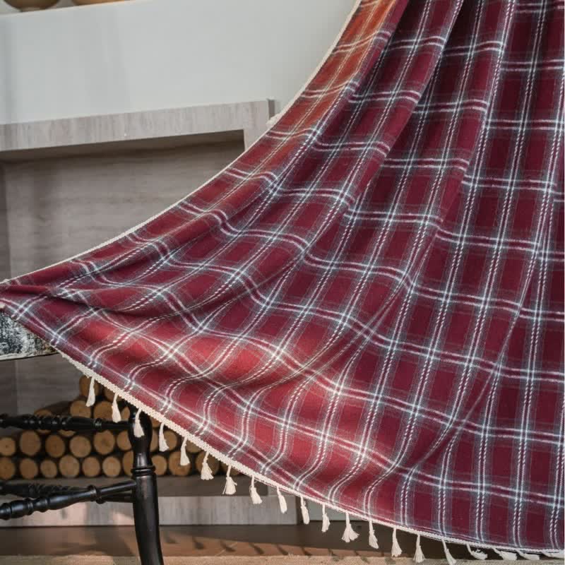 Vintage Style Burgundy Plaid Tassel Curtain