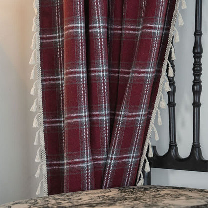 Vintage Style Burgundy Plaid Tassel Curtain