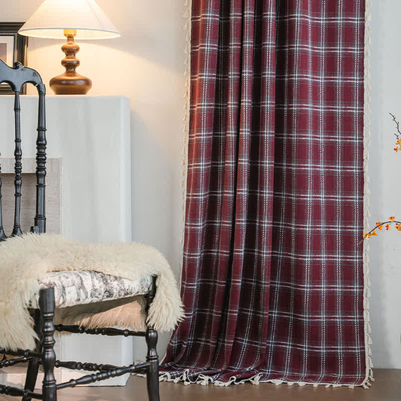 Vintage Style Burgundy Plaid Tassel Curtain