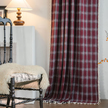 Vintage Style Burgundy Plaid Tassel Curtain