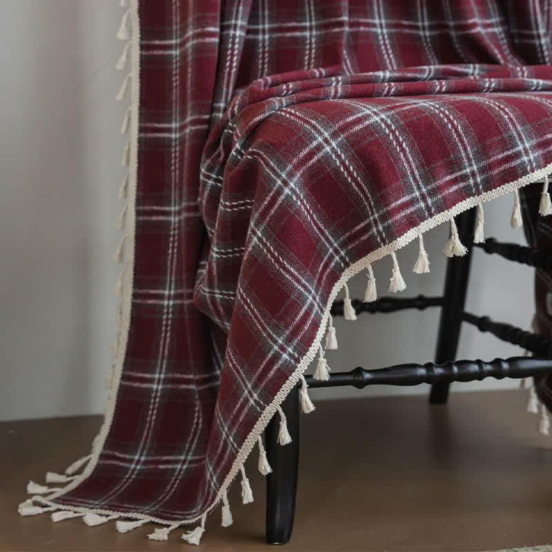 Vintage Style Burgundy Plaid Tassel Curtain
