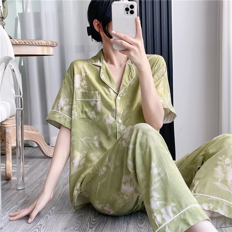 Elegant Green Floral Silky Loungewear Set