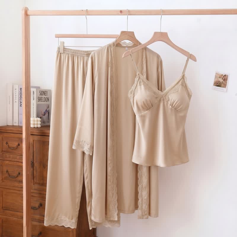 Elegant Silky Lace Trim Loungewear Set(3PCS)