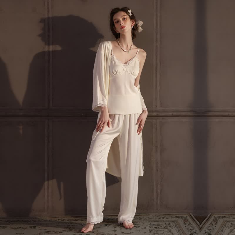 Elegant Silky Lace Trim Loungewear Set(3PCS)