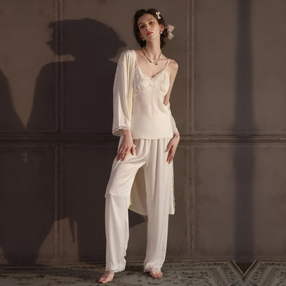 Elegant Silky Lace Trim Loungewear Set(3PCS)
