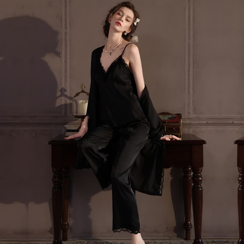 Elegant Silky Lace Trim Loungewear Set(3PCS)