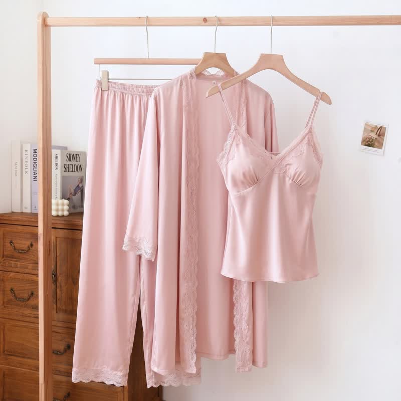 Elegant Silky Lace Trim Loungewear Set(3PCS)