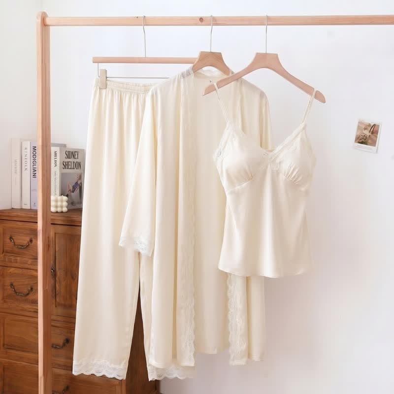 Elegant Silky Lace Trim Loungewear Set(3PCS)