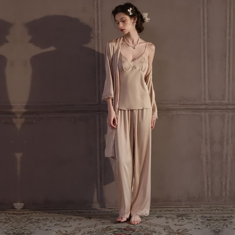 Elegant Silky Lace Trim Loungewear Set(3PCS)