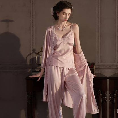 Elegant Silky Lace Trim Loungewear Set(3PCS)