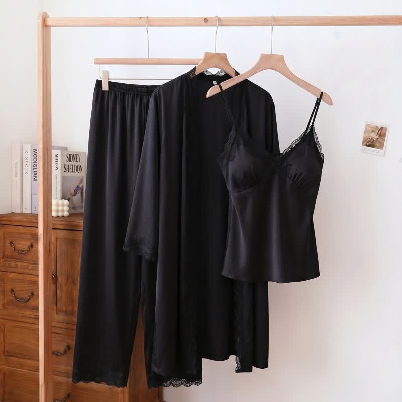 Elegant Silky Lace Trim Loungewear Set(3PCS)