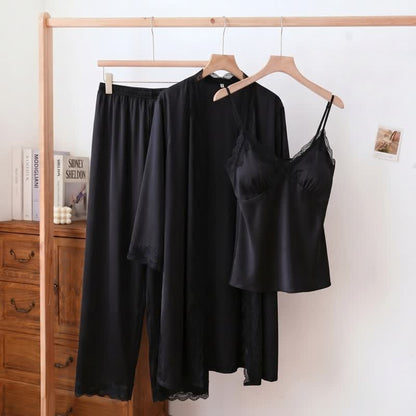 Elegant Silky Lace Trim Loungewear Set(3PCS)