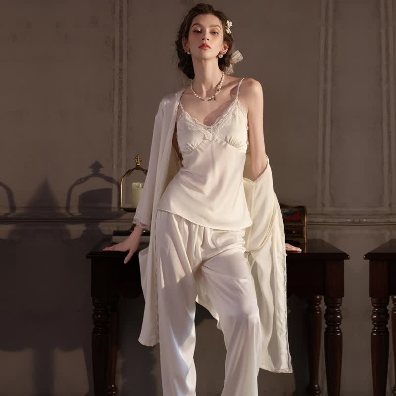 Elegant Silky Lace Trim Loungewear Set(3PCS)