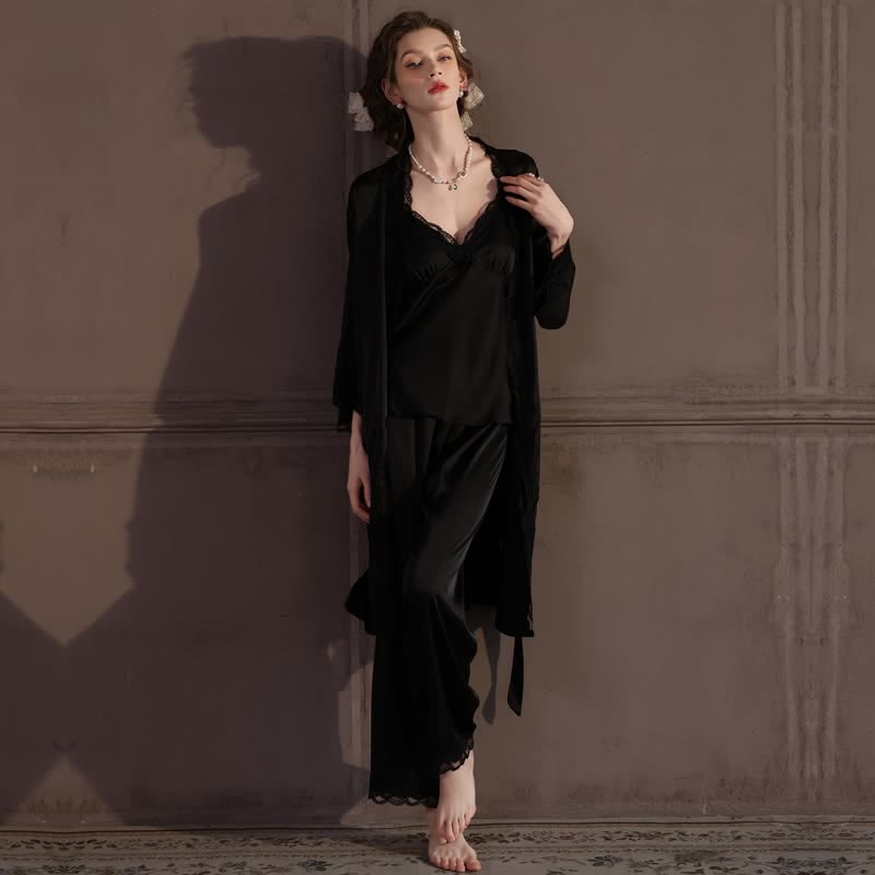 Elegant Silky Lace Trim Loungewear Set(3PCS)