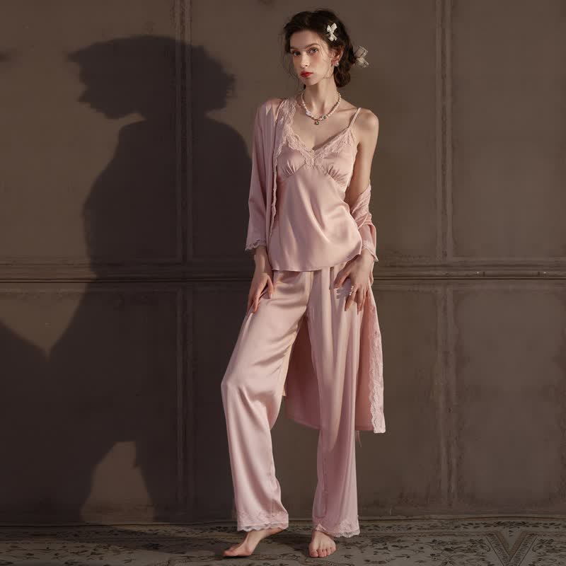 Elegant Silky Lace Trim Loungewear Set(3PCS)