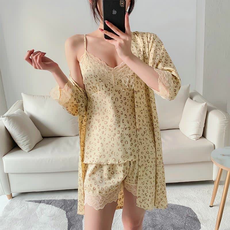 Leopard Lace Trim Cami Shorts Robe Set