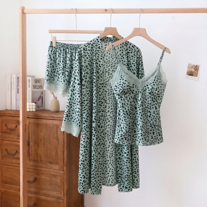 Leopard Lace Trim Cami Shorts Robe Set
