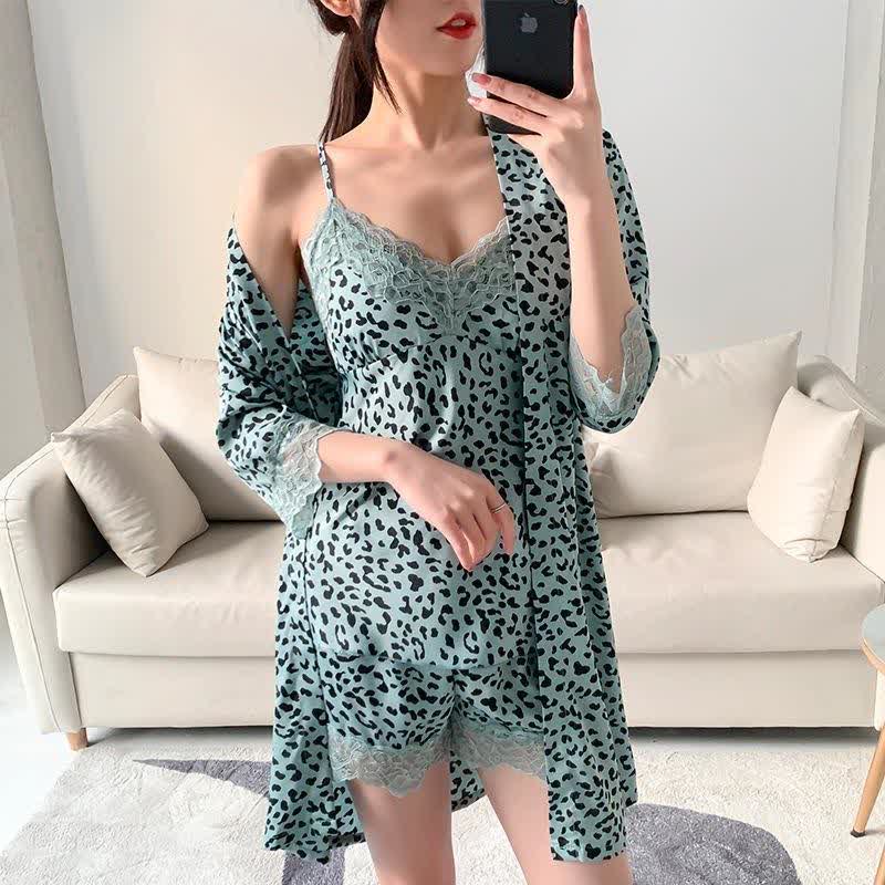 Leopard Lace Trim Cami Shorts Robe Set