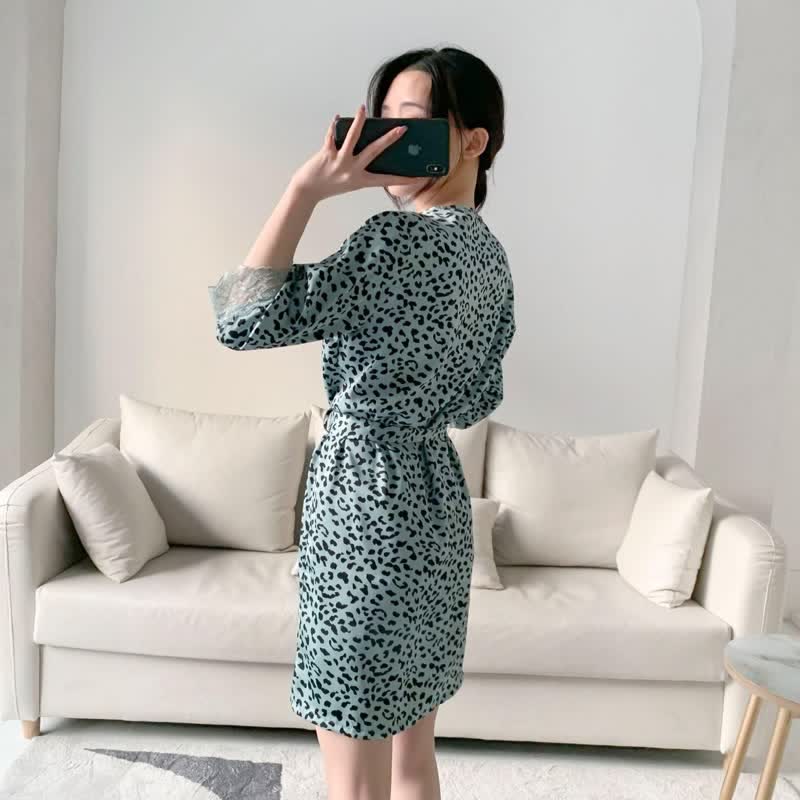 Leopard Lace Trim Cami Shorts Robe Set