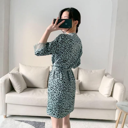 Leopard Lace Trim Cami Shorts Robe Set