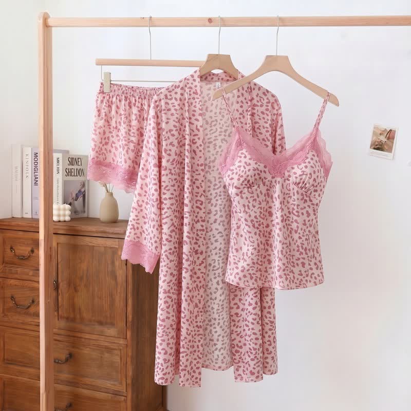 Leopard Lace Trim Cami Shorts Robe Set