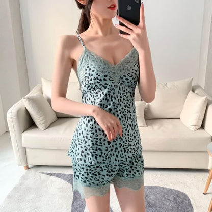Leopard Lace Trim Cami Shorts Robe Set