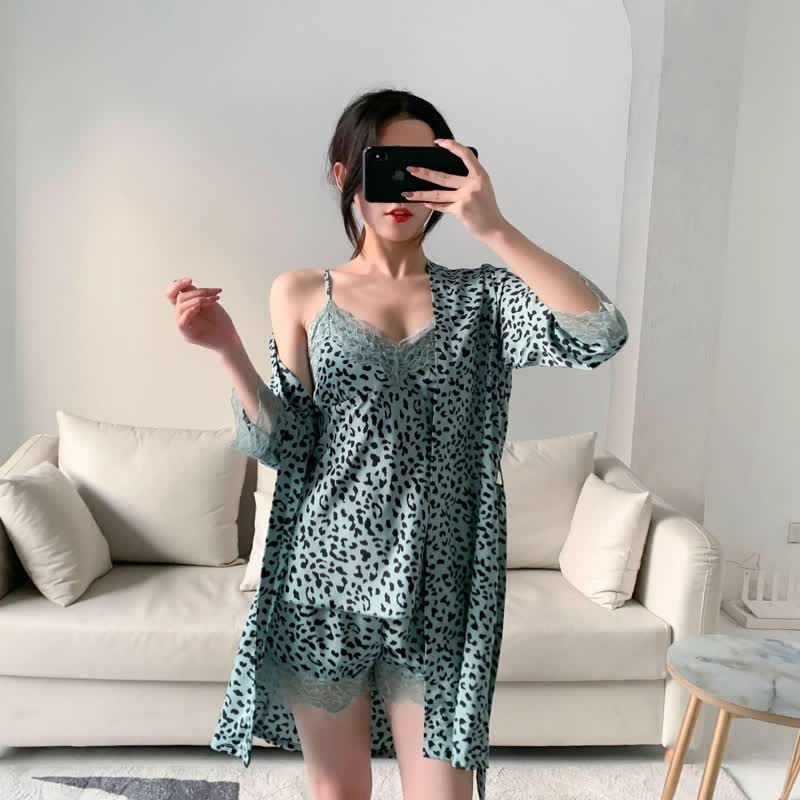 Leopard Lace Trim Cami Shorts Robe Set