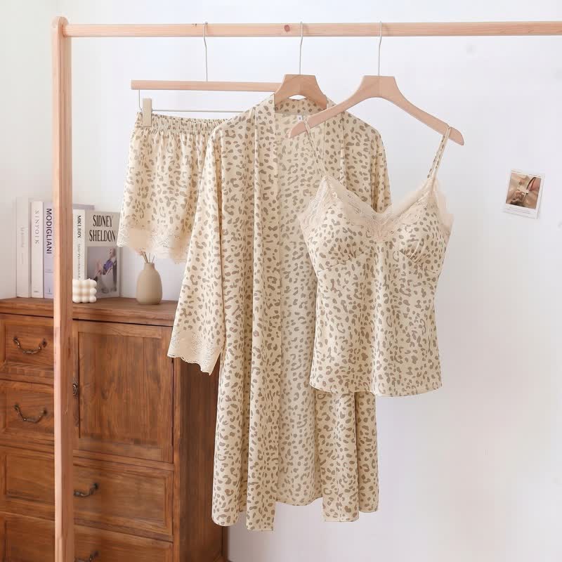 Leopard Lace Trim Cami Shorts Robe Set