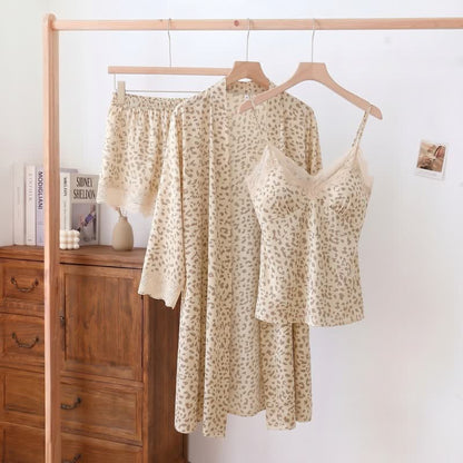 Leopard Lace Trim Cami Shorts Robe Set