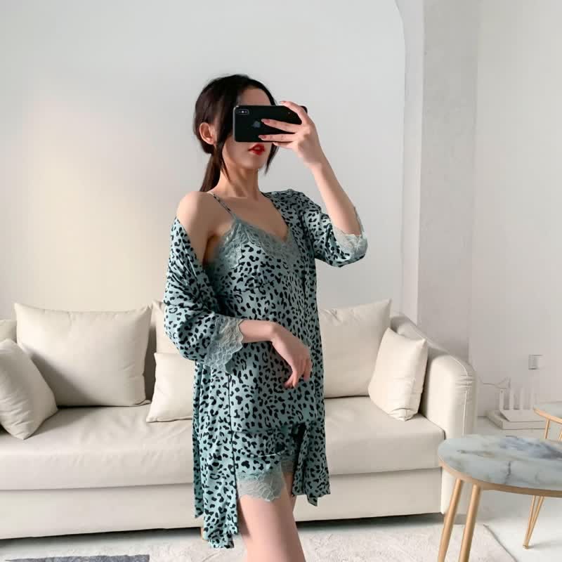 Leopard Lace Trim Cami Shorts Robe Set