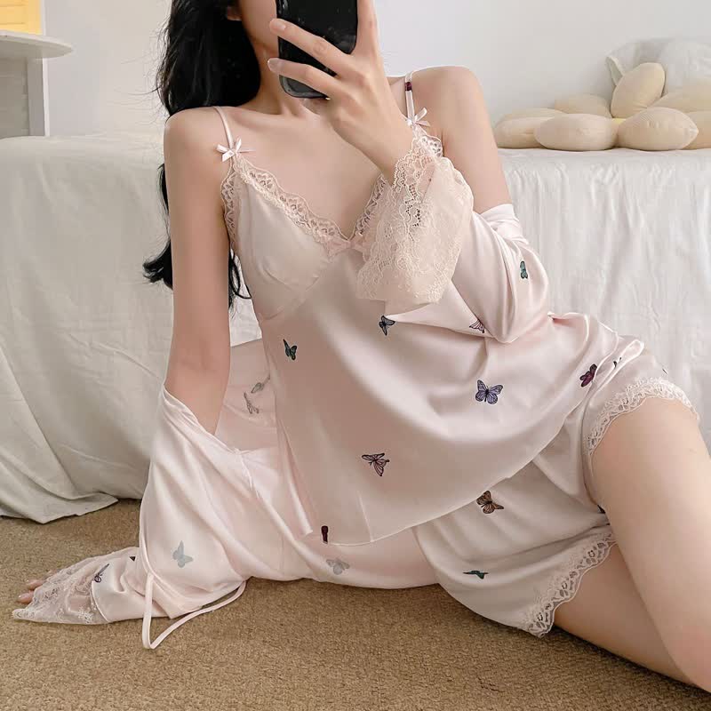 Butterfly Silky Lace Trim Cami Pajama Set