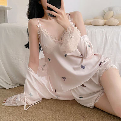 Butterfly Silky Lace Trim Cami Pajama Set