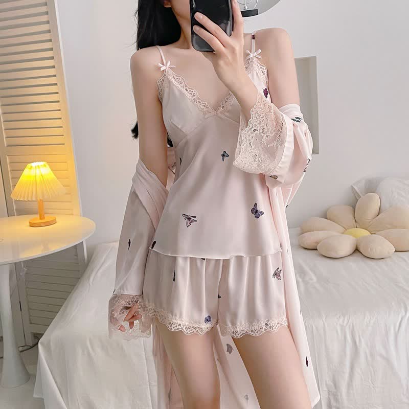 Butterfly Silky Lace Trim Cami Pajama Set